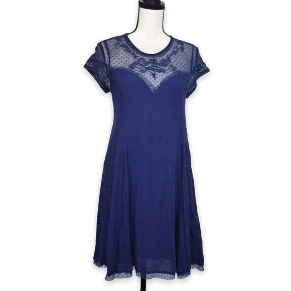 Derhy Dresses & Skirts - Derhy Swiss Dot Crepe Short Sleeve Dress Size M Blue Floral Lace Back Cottage